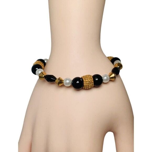 Womens White Pearl Black Beaded Vintage Gold Tone Tennis Bracelet 7.5” - Picture 2 of 6